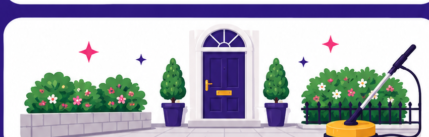 Illustrated clean front garden and pressure washing scene